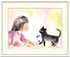絵画。原画☆キャンバス F10【夜、黒猫が星を抱いて願い事をする】