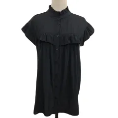 ディスコート Discoat シャツ ブラウス スタンドカラー 2WAY 無地 フリル 半袖 F 黒 ブラック