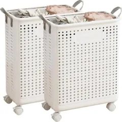 【在庫処分】Apaeofl 洗濯かご ランドリー バスケット 折り畳み スリム 洗濯カゴ 折りたたみ 洗濯籠 折畳み キャスター付き 取っ手付き 大容量 ランドリーボックス 洗濯物入れ (M,ホワイト)