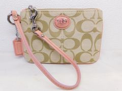 ※送料無料※  美品 コーチ ■ リストストラップ ポーチ 小物入れ シグネチャー ベージュ×ピンク レディース COACH□７F