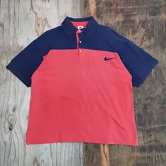 NIKE ナイキ ポロシャツ レッド ネイビー 白タグ 銀タグ ブロークコア ブロケットコア 袖 刺繍 メンズ ビッグサイズ バイカラー 90s VINTAGE 古着MF37