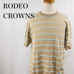 RODEOCROWNS　ロデオクラウンズ　M　ベージュ　コットンニット　普段着　パパ　カジュアル　クルーネック　ボーダー半袖ニットトップス 2579
