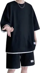 SLOW＆MELLOW セットアップ メンズ ワッフル素材 上下セット Tシャツ ハーフパンツ レイヤード風(ブラック,  M)