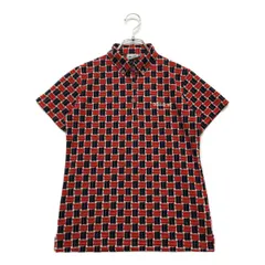 中古 レディース アディダスゴルフ adidas GOLF 半袖ポロシャツ M 赤×紺 レッド×ネイビー ボタンダウン 車柄