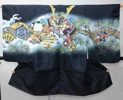 七五三 五歳 男児 羽織・着物・襦袢3点セット 金刺繍 黒地 兜 綸子地 5歳 五才 5才 祝着 男の子 お仕立て無料 NO41819-2