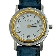 稼働品 エルメス Hermès クリッパー コンビ レザーベルト 純正ベルト 純正尾錠 革 ホワイト レディース 時計 腕時計 デイト ♯1073012133