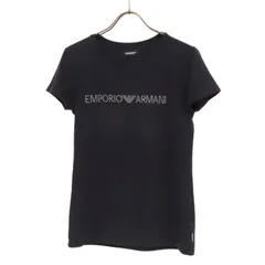 11604 美品 EMPORIO ARMANI エンポリオアルマーニ  ロゴ ラインストーン コットン ストレッチ 半袖 Tシャツ カットソー XS 黒 ブラック
