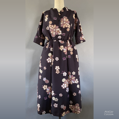 着物リメイク 小紋花模様 バーガンディ ワンピース ポケットあり | Kimono Remake Dress Floral Pattern Burgundy, with Pockets #2412-017