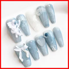 【人気商品】08 (L 10枚入 収納ボックス付き 付け爪 つけ爪 デザイン 天使・ブルー) 可愛い おしゃれ 3D 人気 花 蝶 グリーン 緑 バレリーナ ロング ミディアム ネイルチップ 手作り Nails Sun&Beam