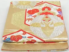平和屋着物◎六通柄袋帯　唐織　亀甲双鶴花文　金銀糸　正絹　逸品　AAAI1218Ast