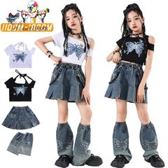JAZZ キッズ ダンス衣装 セットアップ グ黒 白 おしゃれ 舞台練習 女の子 かっこいい K-POP 子供服 普通着 トップス ブルー レッスン スカート 韓国 デニム