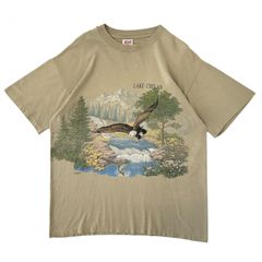 L 90s ヴィンテージ USA製 アンビル 風景 絵画 Tシャツ 自然 鷹 鷲 川 魚 花 両面プリント シングルステッチ コットン ベージュ系 カーキ