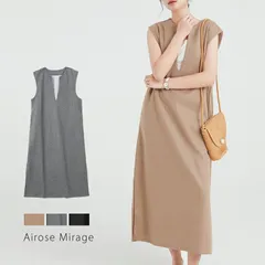 ワンピース ジャンパースカート 春夏 ポケット付き スキッパー ジャンスカ 深Vネック ロングワンピース Vネック スリット入り 無地 レイヤード カジュアル オフィス スリット ロング