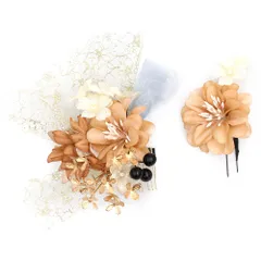 髪飾り 成人式 振袖 前撮り 袴 花 茶 白 ゴールド レース リボン ビーズ 大きい 小さい 2点セット 着物 和装 かんざし コーム No.12-0774