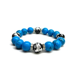 12mm 四神獣銀彫オニキス×ターコイズ パワーストーン ブレスレット 運気上昇 開運 金運 健康運 厄除け お守り 青龍 白虎 玄武 朱雀 （シルバー）メンズ・レディース 男性・女性 数珠ブレス 開運 /1 ■