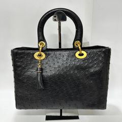 ★-34 Written Guarantee ハンドバッグ レザー オーストリッチ型押し フリンジ付き ブラック シンプル レディース