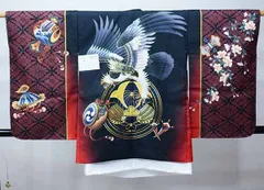 七五三 五歳 男児 羽織・着物・襦袢3点セット L寸 金刺繍 豪華絢爛 綸子地 黒×エンジ 鷹 お仕立て無料 祝着 NO38727-2