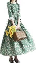 newNE ニューネ 総柄 マキシ丈 ワンピース ロング フレア ウエストゴム ゆったり 花柄 柄ロングワンピ ロングチュニック レトロ ナチュラル(グリーン,  M)