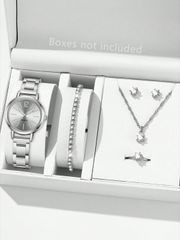 6-piece women's watch set, minimalist and fashionable quartz watch, alloy watch and rhinestone jewelry set, necklace, earrings, ring, bracelet watch accessories