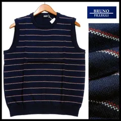新品 ベスト メンズ M ウールニット クルーネック 紺 ボーダー柄 ブルーノ フィレッツェリ BURUNO FILLEGLI 定価8,580円