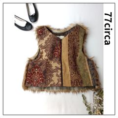 77circa ナナナナサーカ 古着 リメイク ファー ベスト ゴブラン織り ジップアップ ベージュ ブラウン (75Y＋1226)25A