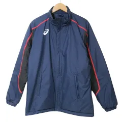 アシックス asics ウォーマージャケット 中綿 ブルゾン H1機能 スポーツウェア ジップアップ スタンドカラー ロゴ M 紺 黒 X
