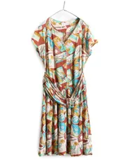 【お得なクーポン配布中!】 80s 総柄 ノースリーブ 総柄 レーヨン ワンピース レディース L 古着 ヴィンテージ Vネック ワンピ ミディ丈 ミモレ丈 ノースリーブ フレア