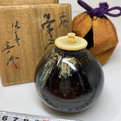 y086 膳所焼 淡海ぜぜ 陽炎園 文琳茶入 共箱 文淋茶入 茶入 茶道具