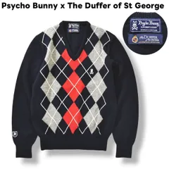 【美品】 日本製 サイコバニー Psycho Bunny x ザ ダファー オブ セントジョージ The Duffer of St George ウール Vネック セーター S アーガイル柄 ネイビー メンズ