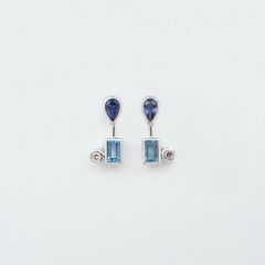 ブルートパーズ アイオライト ダイヤモンド ピアス 0.06ct K18WG/K14WG ソーティング 付き SAランク