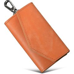 【新品未開封】キーケース メンズ 4連フック プエブロレザー 日本製 本革 カード2枚 お札1枚 カラビナ key case 多機能 スリム プレゼント クリスマス (オレンジ)