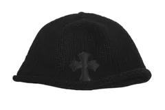 CHROME HEARTS クロムハーツ レザークロスパッチ クロスボール カシミヤビーニー ニット帽 レザー ブラック 美品 中古 4b002355のサムネイル