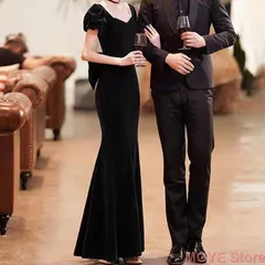 カラードレス カクテルドレス ブラック ロングドレス 袖あり 半袖 ベルベット タイト パーティードレス 発表会 演奏会 ステージ コンクール イブニングドレス ファスナー 1373