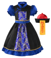 新品 [ReliBeauty] キョンシーガール コスプレ ハロウィン 仮装 子供 女の子 キョンシー 衣装 キッズ チャイナ服 ドレス 子供服 コスチューム クリスマス パーティー イベント ワンピース お札付き帽子 2点セット 黒 青