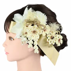 髪飾り リボン 卒業式 袴 花 ２点セット 白 ゴールド ちりめん 藤下がり 組紐 造花 カスミソウ ビーズ コーム Uピン 大きい 小 No.9-5308