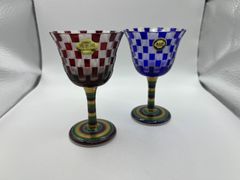 清水焼 市松模様 ワイングラス 赤 青 ガラス