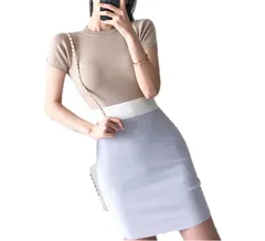 [NAKACHI] ニット ワンピース 半袖 スリム 上品 シンプル モノトーン 膝丈 レディース (ベージュ×グレー) [ベージュ×グレー] [Free Size]