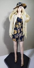 1/6フィギュア服　シルクジョーゼットシャツセット　花柄　紺