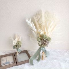 ドライフラワー ブーケ ブートニア付＊一点販売＊ウェディング 結婚式 前撮り~ソラローズ~グリーン 緑 オフホワイト 白 ナチュラル