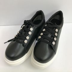 padourouge　パドリュージュ　ジャパンメイド ビジュウアクセント 厚底・軽量 柔らか牛革スニーカー　ブラック　23.5㎝　訳あり　タ