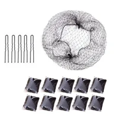 【数量限定】ISHR シニヨンネット 髪束ねネット10枚 Uピン5本セット 黒 ヘアネット アシアナネット 極細 看護師 バレエ 職場など お団子ネット 簡単にお団子メイク (55cm)