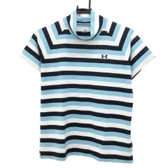 【超美品】アンダーアーマー 半袖ハイネックシャツ ライトブルー×ネイビー ボーダー レディース LG ゴルフウェア UNDER ARMOUR