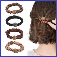 高弾性 エレガント シンプル かわいい おしゃれ ヘアアレンジ 静電気防止 髪に優しい レディース 髪飾り 髪留めゴム 仕事用 ヘアアクセサリー ヘアリングゴム 可愛いリボンゴム リングゴム 4個セット（ブラック＋レオパード＋ダークカレー＋ライトカレー） ヘア