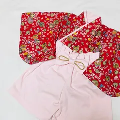 ベビー袴　ベビー着物　赤　鞠　扇子　薄ピンク　60 70 80