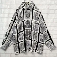 【1点物】ヴィンテージ 90s カクテル アート モノトーン 総柄シャツ Mサイズ 長袖シャツ スクエア