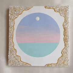優しい海✴︎絵画　アクリル画　アート　淡い　原画　パステルカラー　綺麗　波　パネル　インテリア　キャンバス　月　天然石