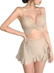 ISLAYCAOLILA モノキニ 水着 ワンピース フレア スカート スイムドレス キャミソール ストラップ 絞り パッド入り ワイヤーなし レディース DN6 レリア( カーキ,  M)