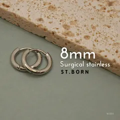［ST.BORN］【8㎜】316Lサージカルステンレス　ミニフープピアス　シンプル　シルバーカラー　18金ホワイトゴールドメッキ　両耳2個セット メンズレディース　キャッチレス　中折れ式（16-003）