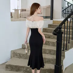 ドレス ハイエンド オフショルダー フリル マーメイド ワンピース 新作 スリム A241219-6