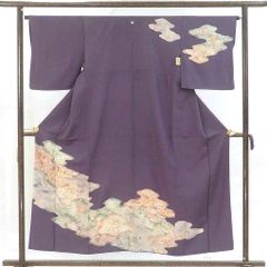 訪問着 身丈156cm 裄64cm 前幅23cm 後幅29.5cm 袖丈48cm 袖幅33cm レディース 袷 花柄 裄Mサイズ 秋冬春用 正絹（シルク）パープル 美品 リメイク リユース リサイクル【呉服のきくや】
